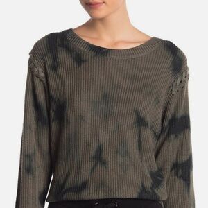 Splendid Tie Dye Stitch Sleeve Sweater Size Small Olive Green Black Top Relaxed